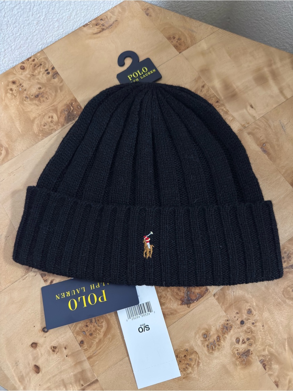 Polo by Ralph Lauren Black Rib Knit Beanie with Embroidered Pony